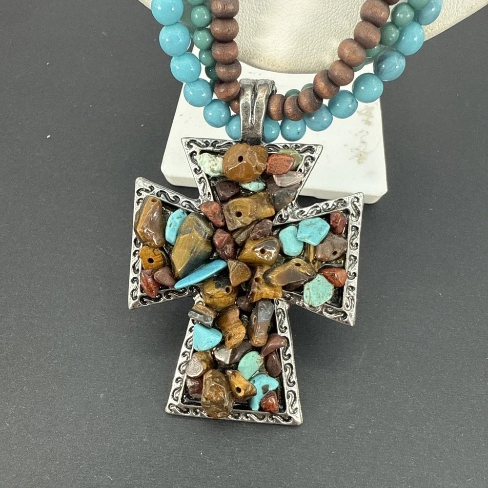 Vintage Southwestern Cross Pendant Necklace Turquoise Tiger Eye Jasper Stones - Picture 2 of 12
